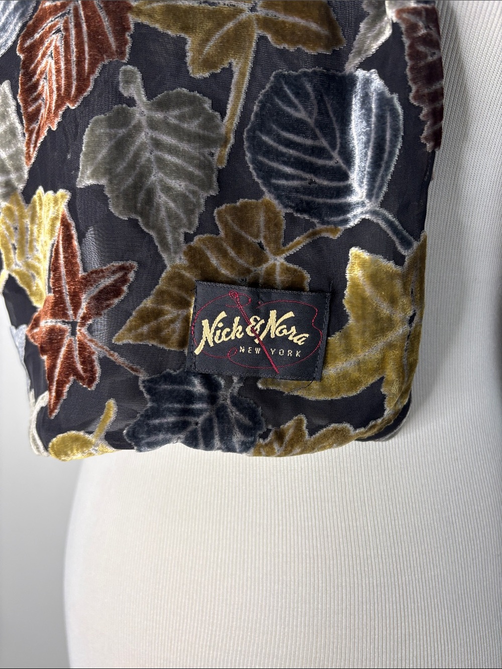 Nick & Nora Velvet Leaf Print Scarf in Gray, Gold, Brown - Picture 2 of 4